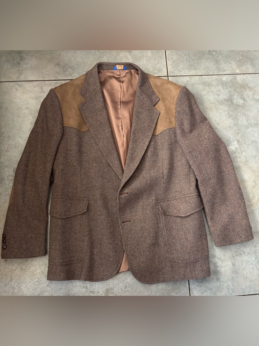 Classic Brown Herringbone Sport Coat with Suede Yokes